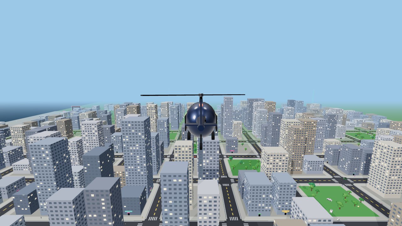 The Hawk-icopter flying over the downtown skyline