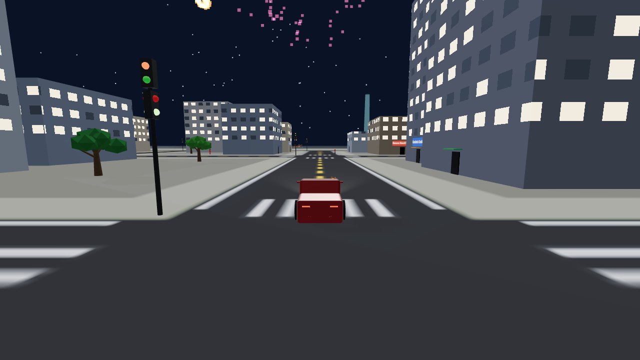 Fireworks over the city at night with lit windows